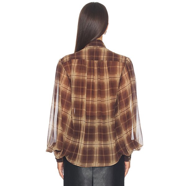 Plaid Blouse Bardot Cecile Brown Check back view with pleated yoke and balloon sleeves
