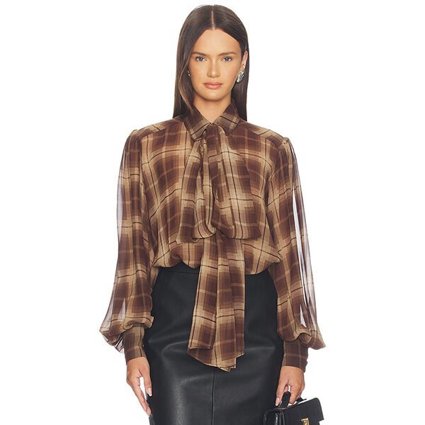 Plaid Blouse - Cecile Neck Tie Sheer | Bardot