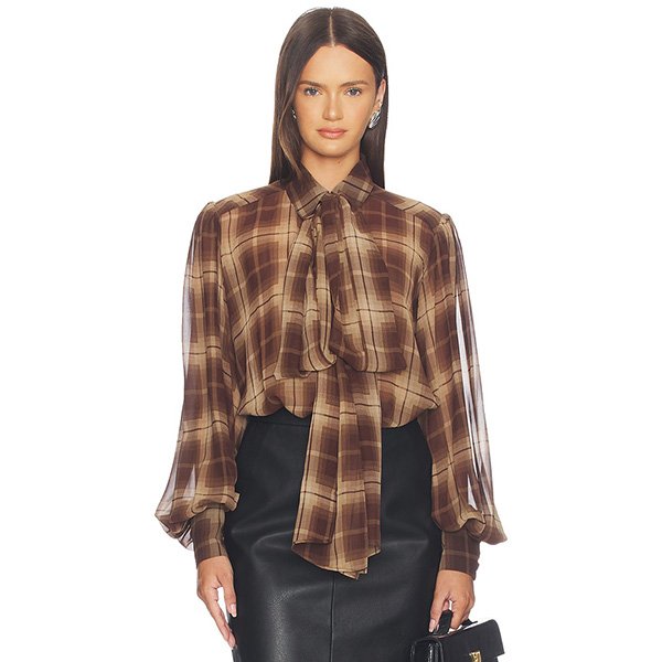 Plaid Blouse Bardot Cecile Brown Check front view with neck tie and sheer balloon sleeves