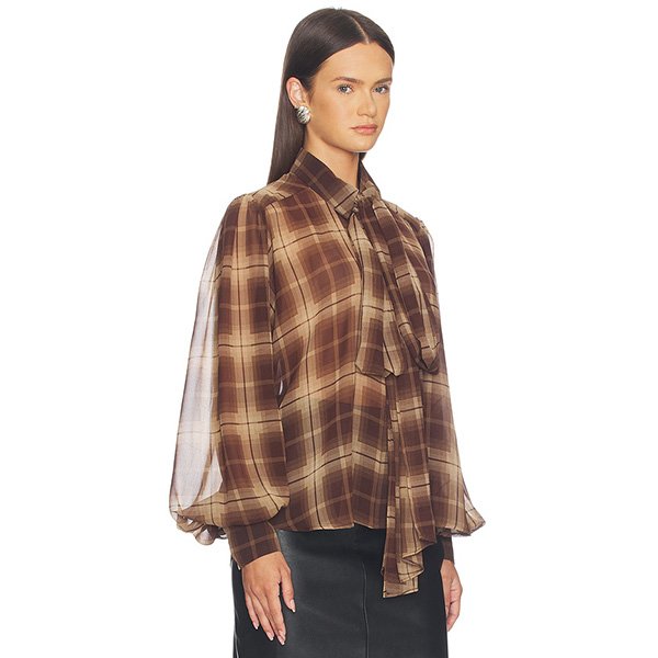 Plaid Blouse Bardot Cecile side view showing sheer georgette sleeve volume and check print