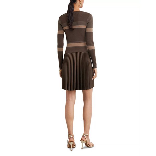 Pleated Dress REISS Carly Chocolate back view showing stripe bands and pleated skirt