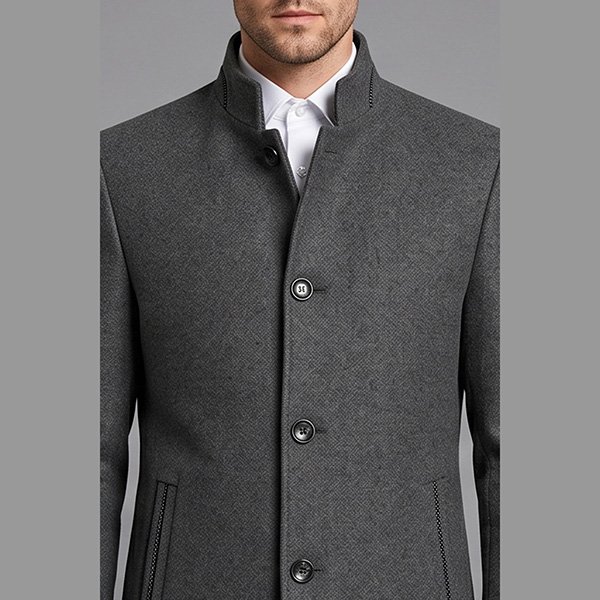 Stand Collar Blazer ZAPAKA grey close-up of mandarin collar trim and four-button front over white shirt