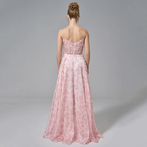 Strapless Dress AW Yolande back view with corset bodice zip and floral chiffon skirt