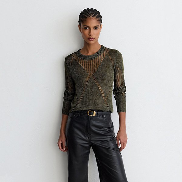 Venetia green metallic sweater front view with argyle open knit and crew neckline