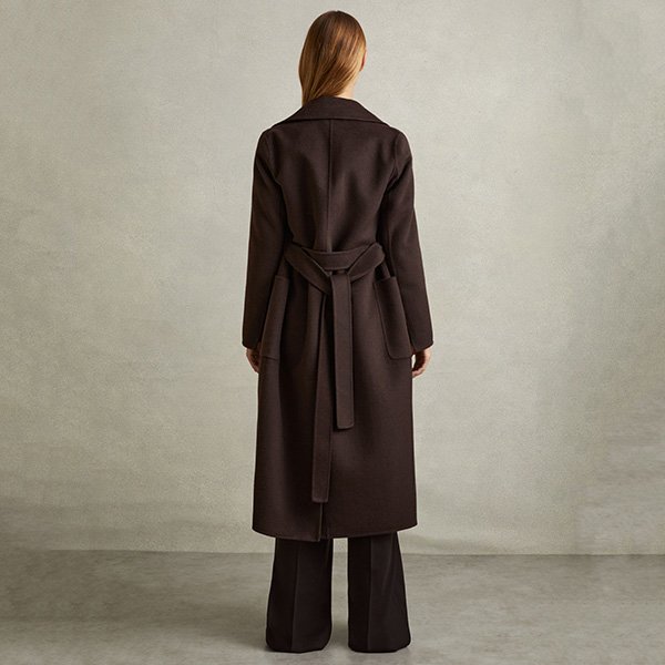 Wool Coat REISS Lucia Chocolate back view showing self-tie belt and vent to reverse