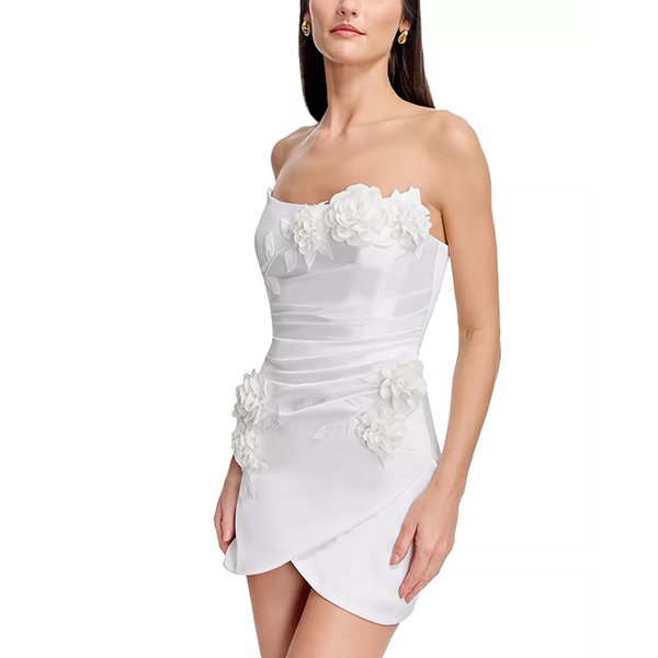 Dress the Population Isabella mini dress in off white with 3D floral appliqués and tulip hem