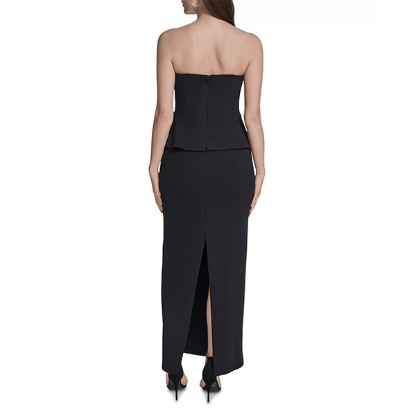 Eliza J peplum column gown in black with embellished bow and sweetheart neckline