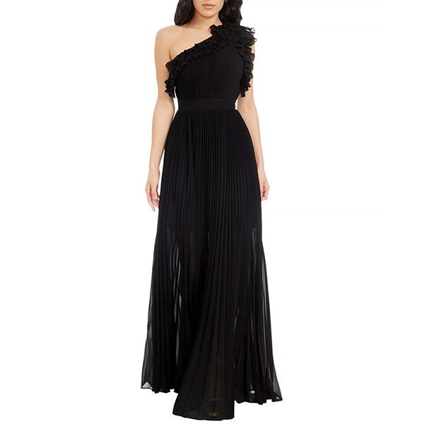Dress the Population pleated ruffle dress Black showing lightweight chiffon with adjustable straps and floor-length design