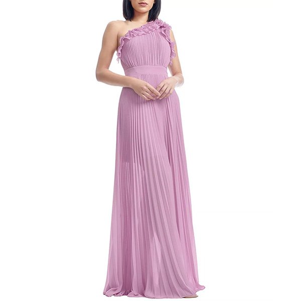 Dress the Population pleated ruffle dress Lavender purple showing one shoulder ruffle neckline with fitted bodice