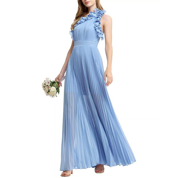 Dress the Population pleated ruffle dress Sky blue showing sunburst pleating with romantic ruffle detail