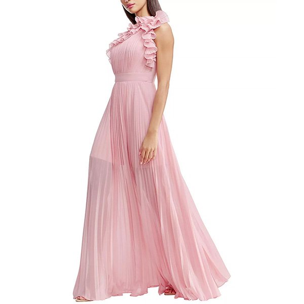 Dress the Population pleated ruffle dress Vintage Pink showing cascading ruffles with pleated chiffon and elegant flow