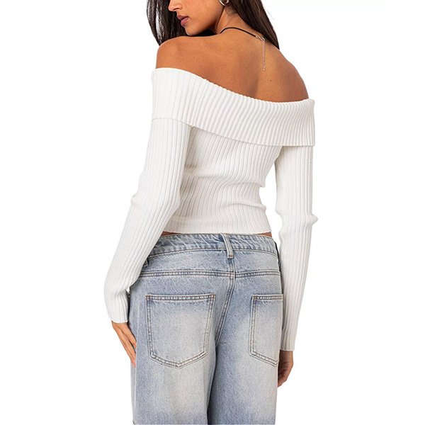 Fold Over Sweater - Lauren Knit White | Edikted