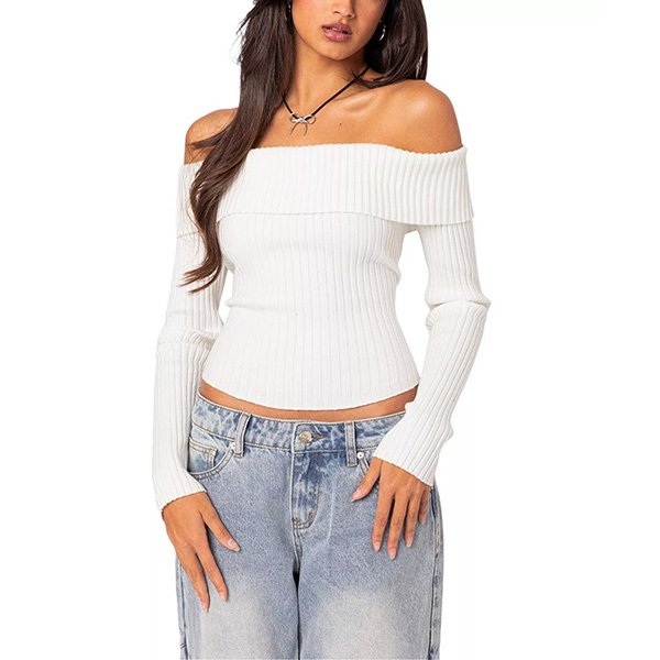 Fold Over Sweater - Lauren Knit White | Edikted
