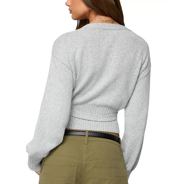 Edikted tie front sweater gray back view showing cropped length