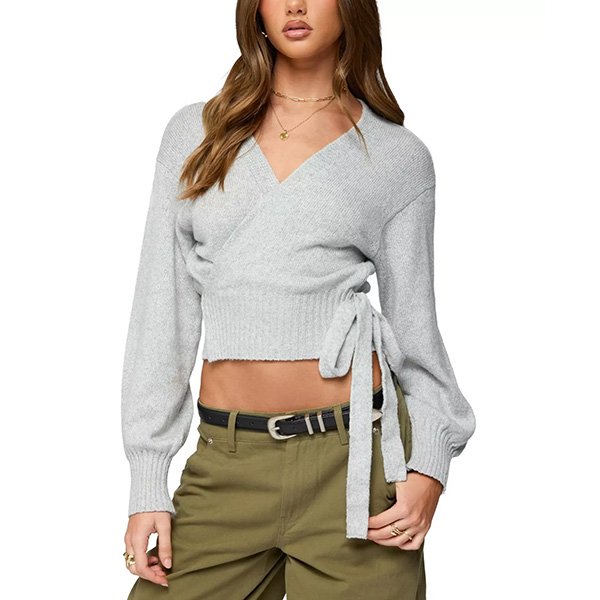 Edikted tie front sweater gray front view with v-neck wrap design