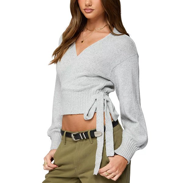 Edikted tie front sweater gray side view with tie closure detail