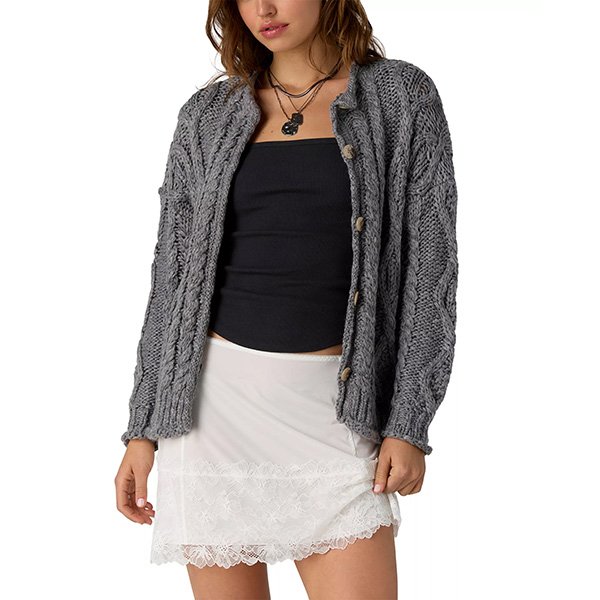 Free People chunky cardigan steel grey front view with button closures