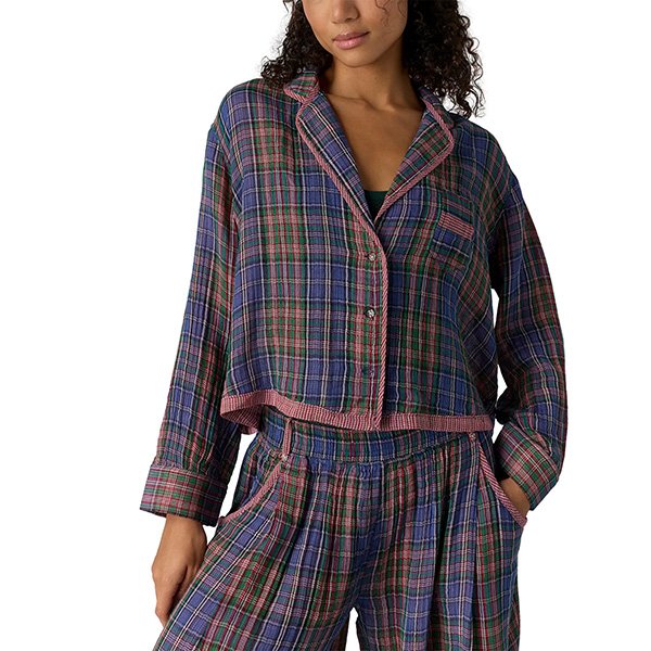 Free People plaid lounge set front view showing pockets and relaxed fit