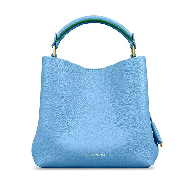 MAISON de SABRÉ leather top handle bag Emerald Lily showing green with pink contrast handle