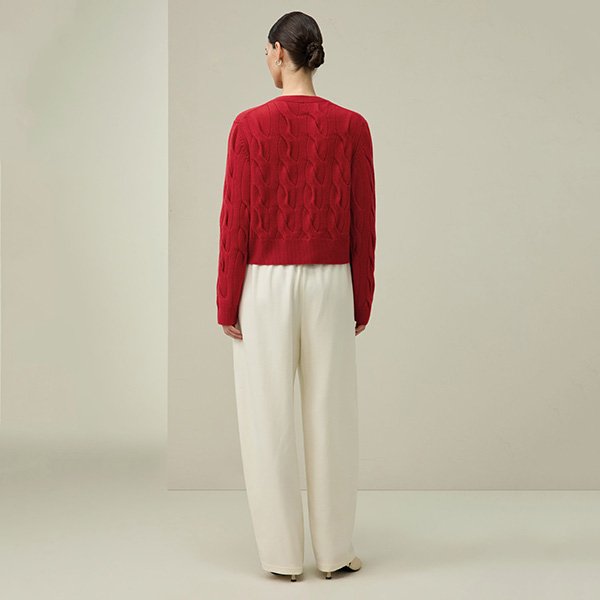 Ruby pink cable knit cardigan back view showing cable knit pattern