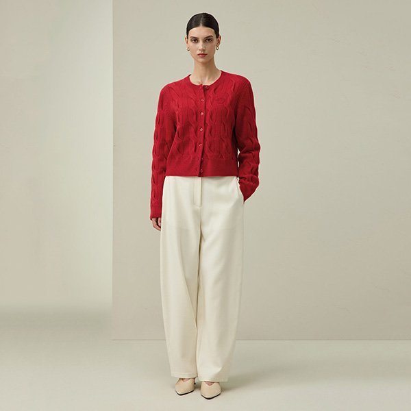 Cable Knit Cardigan - Sheep Embroidery Ruby Pink