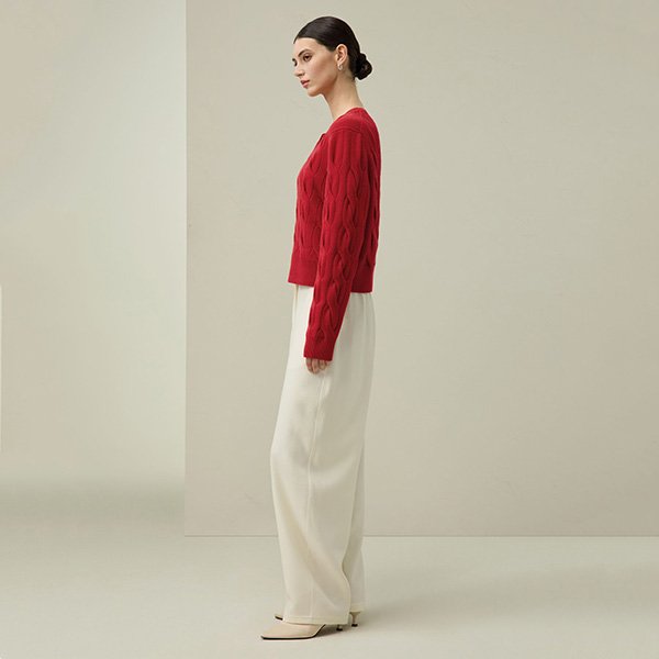 Cable Knit Cardigan - Sheep Embroidery Ruby Pink