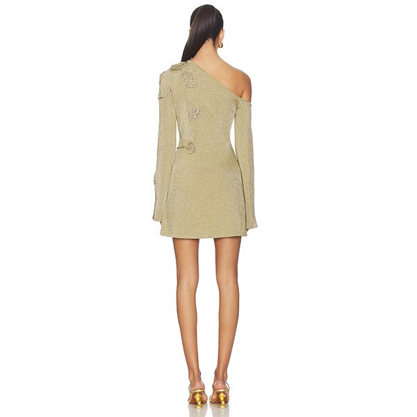 One shoulder mini dress in gold Lurex knit with embroidered floral appliqué