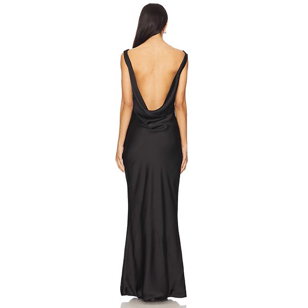 Sleeveless low back gown by Norma Kamali with draped open back