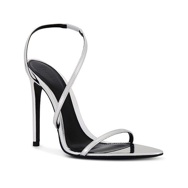Strappy Heels Retrofete Naomi silver metallic pointed toe slingback stiletto