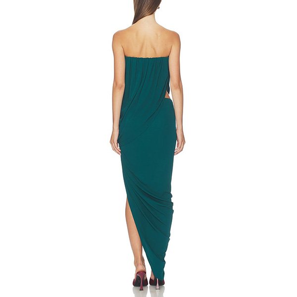 NBD Asha Deep Teal Maxi Gown back view showing draped design and flowing asymmetric hem