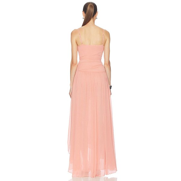 Chiffon Maxi Dress Arcina Ori Delilah peach back view with spaghetti straps and flowing asymmetric hem