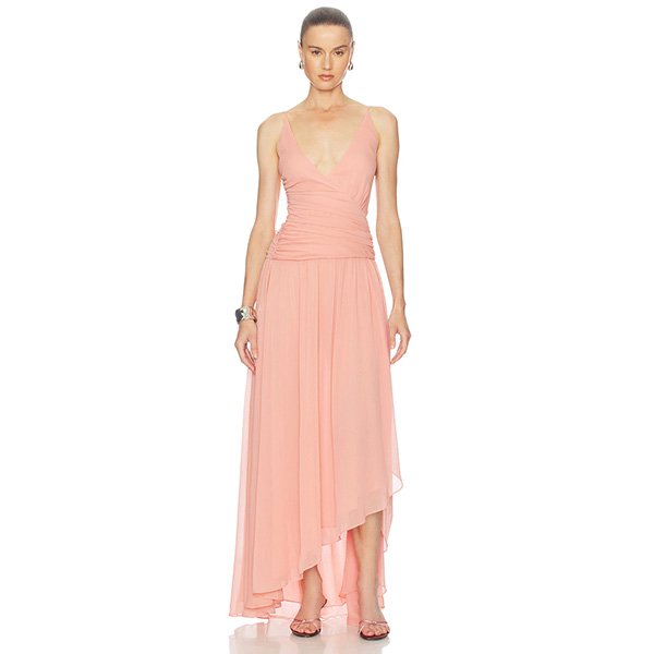 Chiffon Maxi Dress peach with ruched V-neck bodice and high-low hem by Arcina Ori