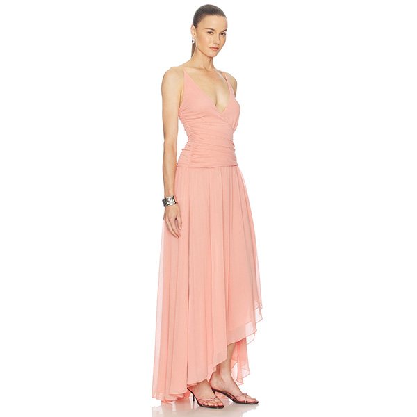 Chiffon Maxi Dress peach side view showing draped skirt and asymmetric hemline