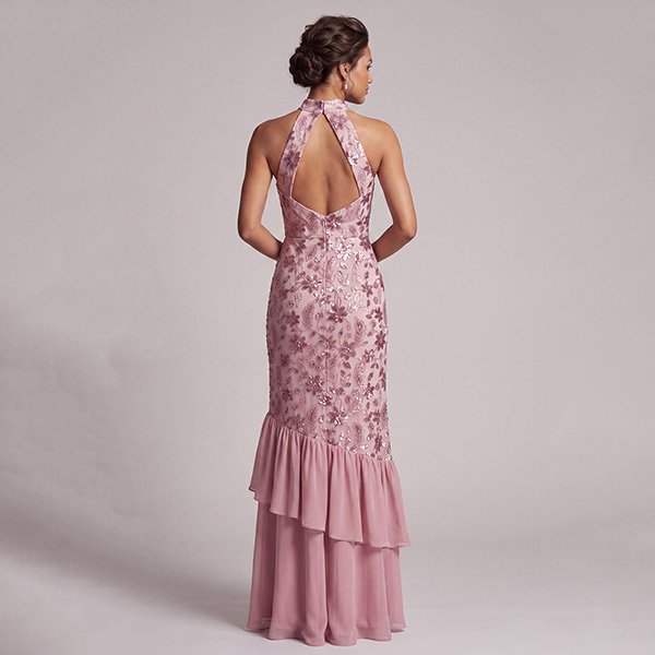 Sequin Prom Dress vintage mauve back view with keyhole open back and tiered ruffle hem by Zapaka