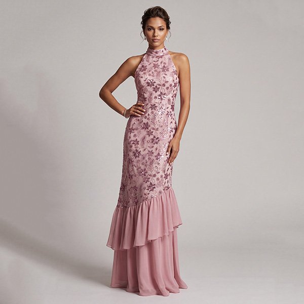 Sequin Prom Dress Mauve Ruffle Gown
