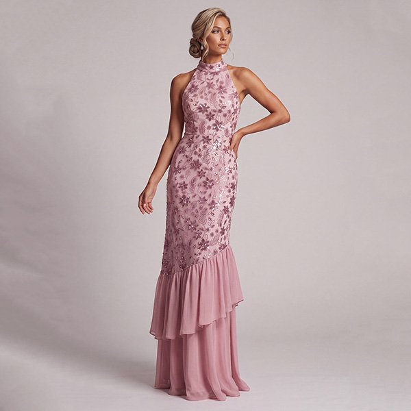 Sequin Prom Dress Mauve Ruffle Gown