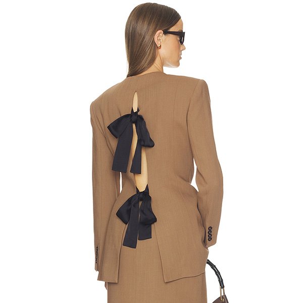 Suit Jacket Helsa Toffee exposed back with two contrast black bows