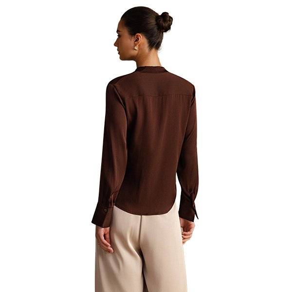 Tie Neck Blouse SILKSILKY Bitter Chocolate rear view showing smooth matte drape and cuffs